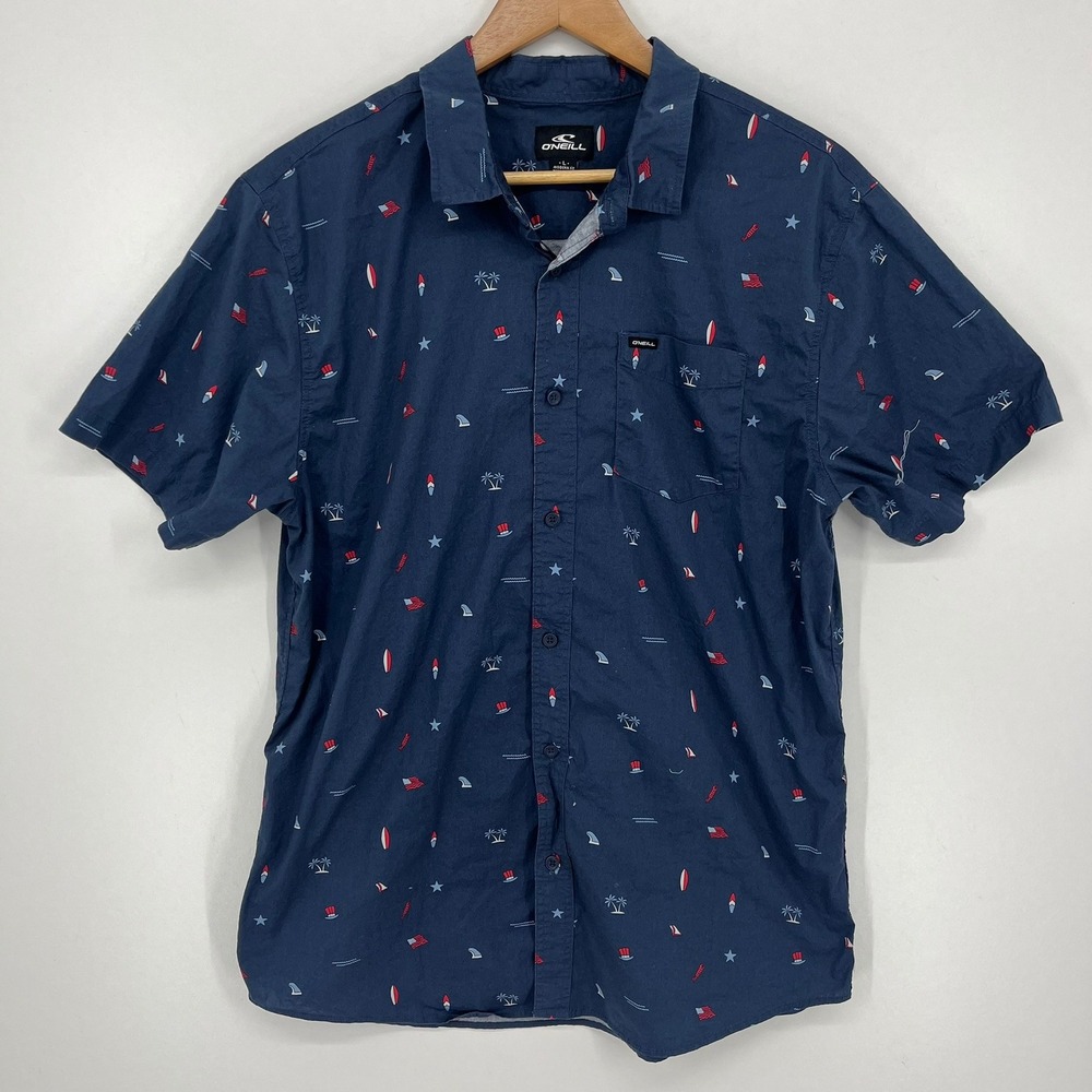 O'Neill Mens Navy Nautical Print Short Sleeve Button Down Shirt Modern Fit L